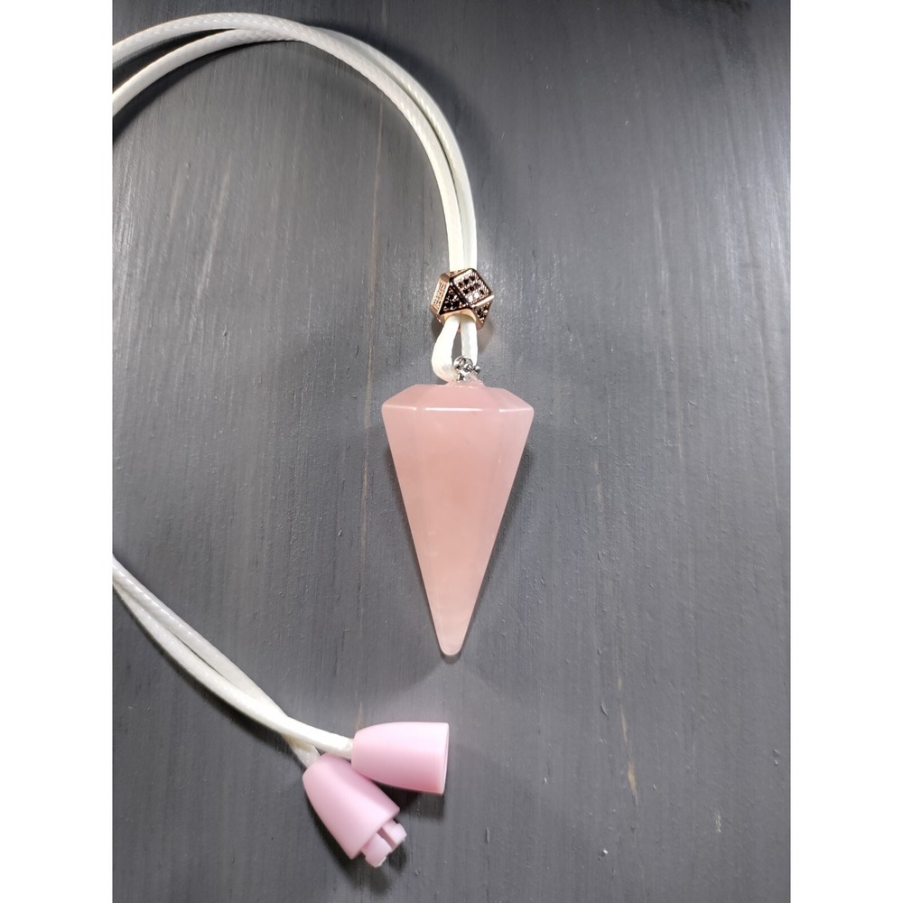 Rose Quartz Pendulum Necklace Pink Stone Pendant 18in White Waxed Cord Breakaway